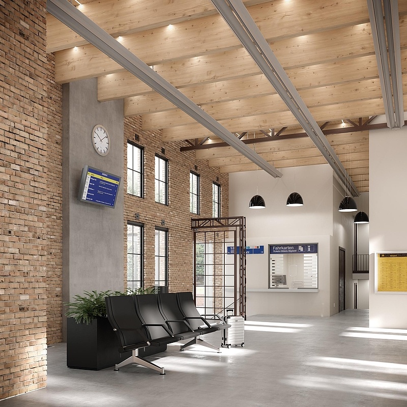 Railway station building with Cross radiant ceiling profiles from Arbonia